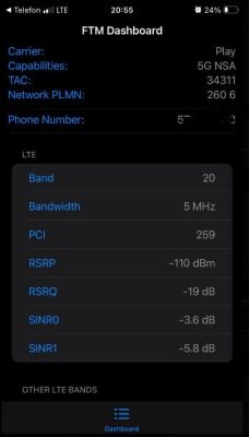 Zrzut ekranu z aplikacji FTM Dashboard pokazujący parametry sieci LTE w Play