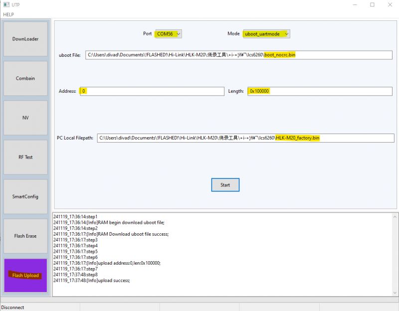 UTP Software Flash Upload Screenshot Screenshot of the UTP application showing flash upload settings.