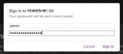Login window with basic HTTP authentication showing user admin.