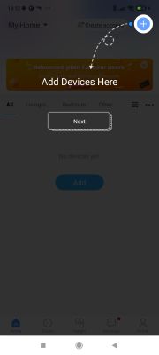 eWeLink app screen with guidance to add a new device, highlighted plus button in top right and Add Devices Here message.