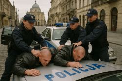Four police officers detain two bald men on the hood of a police car on a deserted city street.