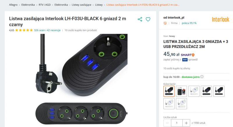 Czarna listwa zasilająca Interlook LH-F03U-BLACK z sześcioma gniazdami i trzema portami USB, widoczna na aukcji internetowej.