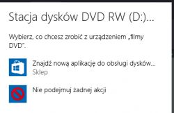 Okno autoodtwarzania dla stacji dysków DVD RW w systemie Windows 10.