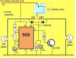 Schemat elektryczny migacza z timerem 555 i przekaźnikiem 12V 20A