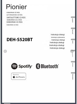 Okładka instrukcji obsługi samochodowego odtwarzacza CD Pioneer DEH-S520BT z logo Spotify, Bluetooth i informacją o kompatybilności z iPhone'em.