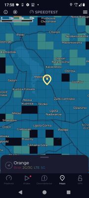Mapa zasięgu sieci Orange pokazująca brak sygnału 2G/3G, LTE i 5G w rejonie Maśloniczki.
