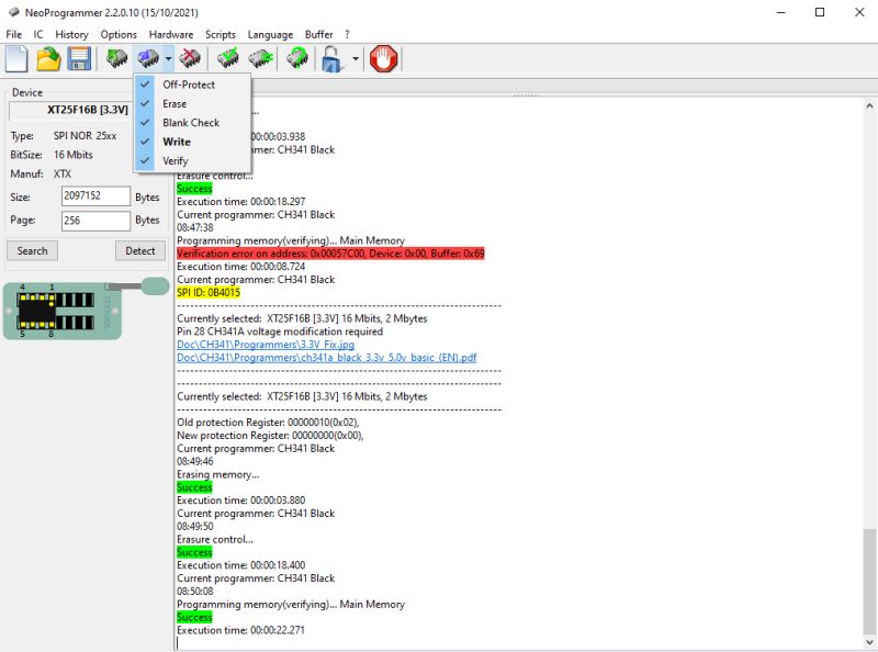 NeoProgrammer window showing flash memory verification error