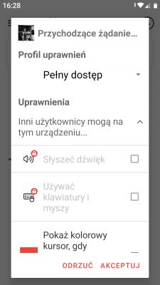 Zrzut ekranu z aplikacji AnyDesk pokazujący ustawienia profilu uprawnień z pełnym dostępem.