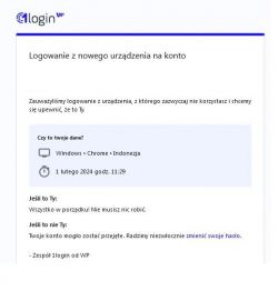 Powiadomienie e-mail o logowaniu na konto z nowego urządzenia.