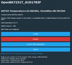 OpenBK7231T configuration page interface with AHT2X temperature and humidity readings.