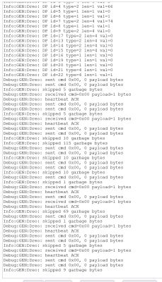 Console log screenshot showing “GENreo” debug lines with “sent cmd” and “heartbeat ACK”