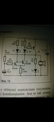 Schemat prostego generatora z przerzutnikiem Schmitta z tranzystorami BC548, trzema diodami LED i brzęczykiem zasilanym napięciem 9–12V.