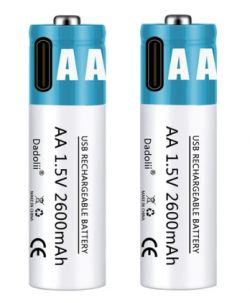 Two AA Dadoli USB rechargeable batteries with 2600 mAh capacity.