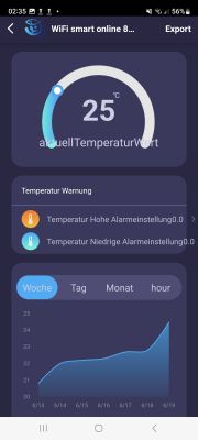 App screen displaying temperature graph and alarm settings.