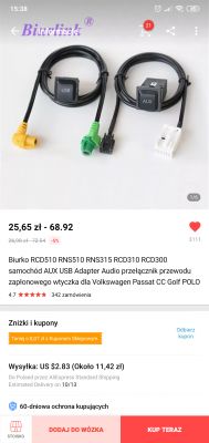 Instalacja AUX w VW Golf V z radiem RCD 500 - kompatybilność kabla z RCD 510