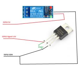 Schemat połączeń modułu przekaźnika z tranzystorem MOSFET IRFZ44N i ESP32.
