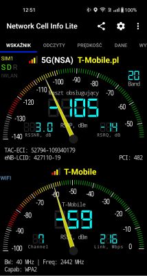 Zrzut ekranu aplikacji Network Cell Info Lite pokazujący dane sieci 5G T-Mobile.