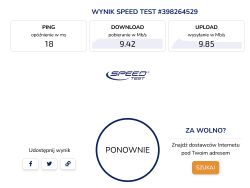 Zrzut ekranu z wynikami testu prędkości internetu: ping 18 ms, pobieranie 9,42 Mb/s, wysyłanie 9,85 Mb/s.