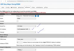 Zrzut ekranu z ustawień ESP Easy Mega dla urządzenia Energy PZEM-004T, z zaznaczoną konfiguracją portu szeregowego jako I2C oraz adresem 0x48.