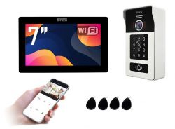 System wideodomofonowy Dtech z monitorem 7, aplikacją mobilną i klawiaturą numeryczną.