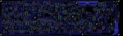 Projekt płytki PCB z widocznymi ścieżkami sygnałowymi, padami i opisem elementów.
