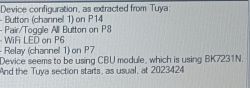 Tuya Device Configuration with BK7231N Module Screenshot with device configuration showing pin assignments and BK7231N module indication.