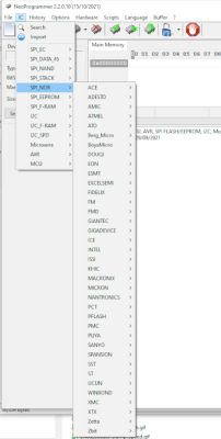 Screenshot of NeoProgrammer software with the SPI NOR memory type selection menu open.
