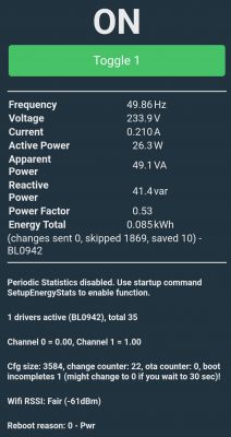 Screenshot displaying measurement data from the Schneider 550B6000 smart plug.