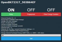 OpenBK7231T_503B64EF user interface with voltage, power, and current information.