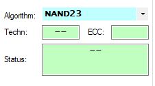 Screenshot showing a software interface with the NAND23 algorithm selected and empty fields for Techn, ECC, and Status.