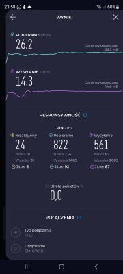 Zrzut ekranu wyników pomiaru prędkości internetu z aplikacji. Prędkość pobierania wynosi 26,2 Mbps, a wysyłania 14,3 Mbps.