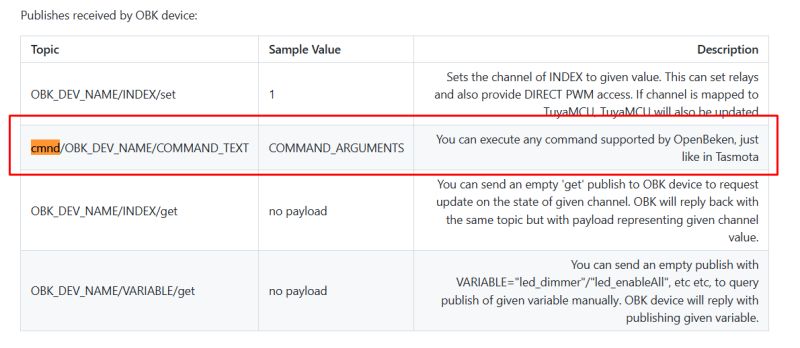 MQTT topics table for OBK device with cmnd topic highlighted