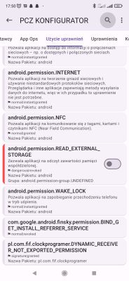 Uprawnienia aplikacji PCZ Konfigurator wyświetlone w interfejsie systemu Android