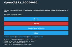 Web interface of OpenXR872 firmware with configuration, restart, web application launch, and about buttons, plus device status info.