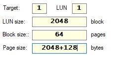 Screenshot of memory configuration settings with values: LUN size 2048 block, Block size 64 pages, Page size 2048+128 bytes.
