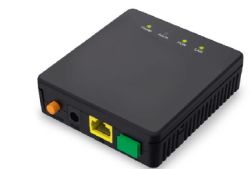 Czarny terminal światłowodowy z portami Ethernet i diodami LED