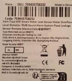 Text on a product label for the Tuya water leak sensor model 898FT.