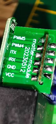 Close-up of a green circuit board with labels: PWM5, PWM4, ITX, IRX, GND, VCC, and the text matter_module 20230512.