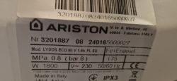 Etykieta informacyjna bojlera Ariston Lydos Eco 80 V 1.8 k z danymi technicznymi.