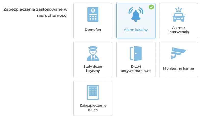 The image displays various property security options, such as an intercom, local alarm, alarm with intervention, physical security guard, anti-burglary doors, camera monitoring, and window security.