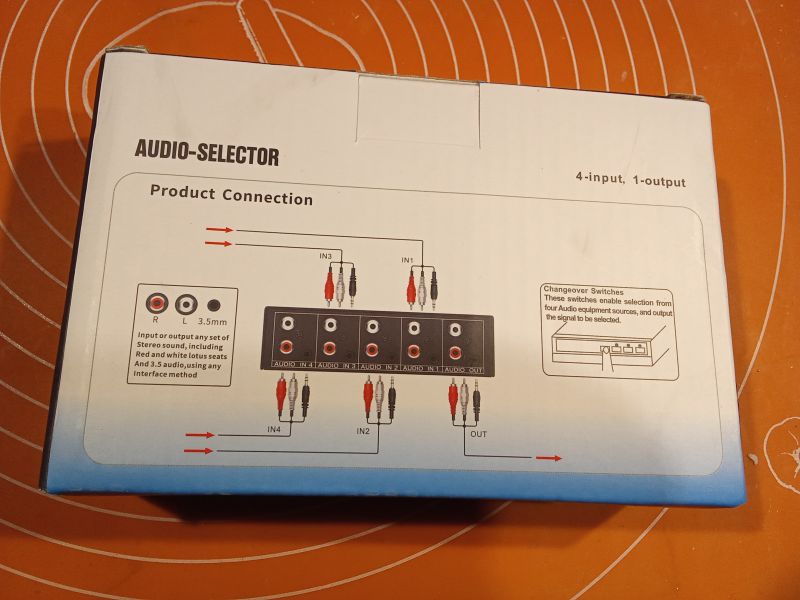 Opakowanie selektora audio z schematem połączeń.