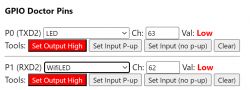 Screenshot of GPIO Doctor Pins tool showing settings buttons and output status.