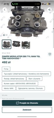 Zrzut ekranu ogłoszenia: zawór/modulator EBS tył MAN TGL, cena 492 zł