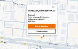 Zrzut mapy z oknem: „WARSZAWA, GÓRCZEWSKA 224”, informacja o światłowodzie do 8 Gb/s i dwa przyciski oferty