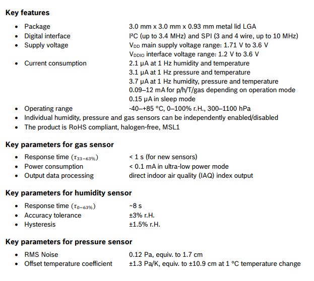 BME680 sensor specification with key features and parameters.