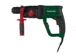 Parkside Performance Hammer Drill Parkside hammer drill in green and black with an auxiliary handle and prominent Parkside logo.