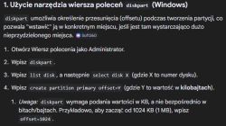 Zrzut ekranu z instrukcją DiskPart w Windows i przykładem polecenia create partition primary offset1024