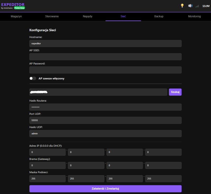 Screenshot of a web control panel “Network” tab with Wi‑Fi settings, UDP port, and IP address fields