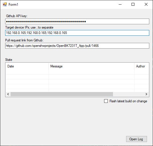 Screenshot of the OpenBK7231T application tool's GUI with fields for Github API key, IP addresses, and pull request link.
