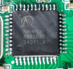 Renergy RN8302B integrated circuit on green PCB with visible surface-mount pins